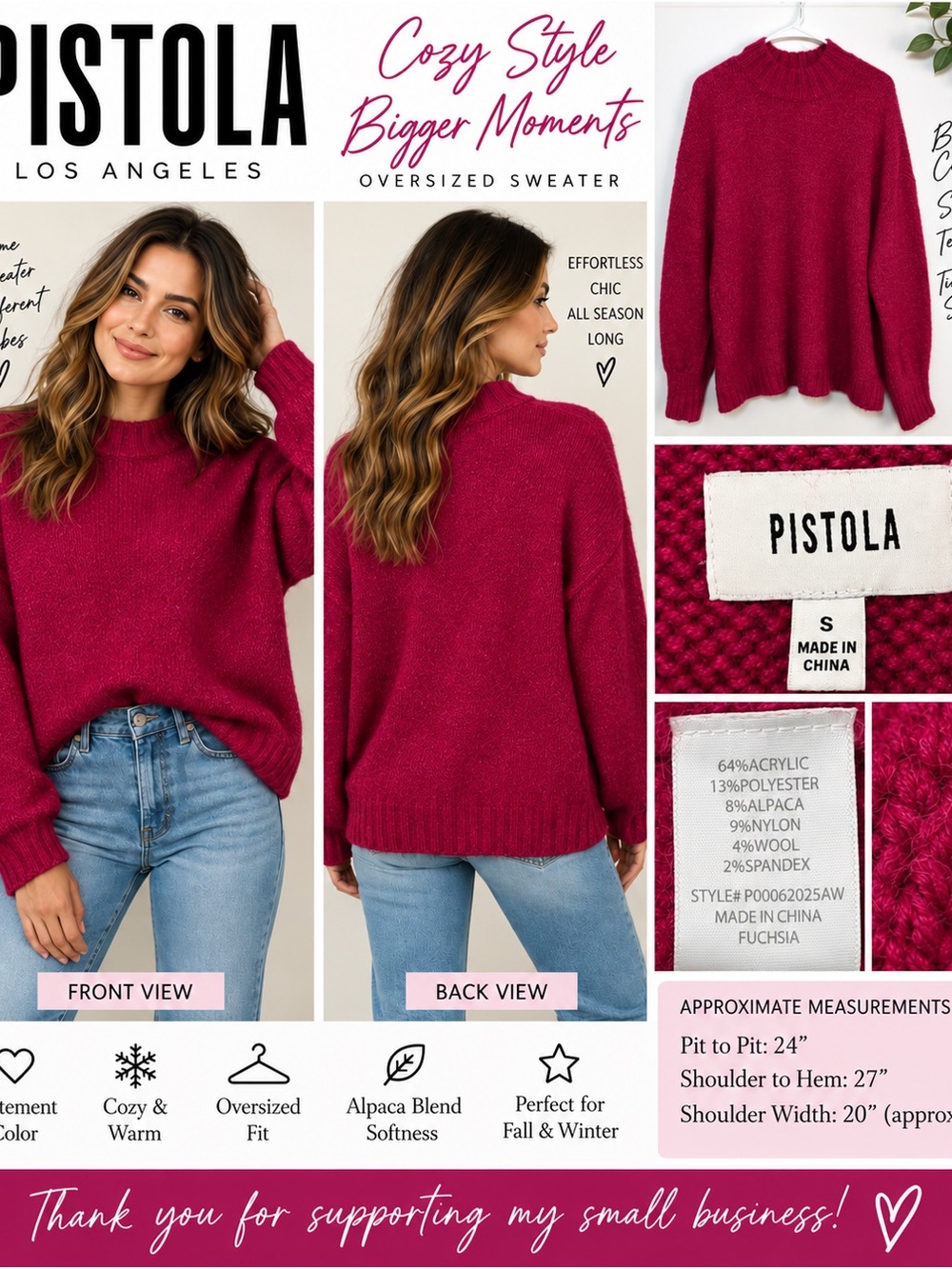 Pistola Fuchsia Alpaca Blend Oversized Mock Neck Sweater Women’s S Pink